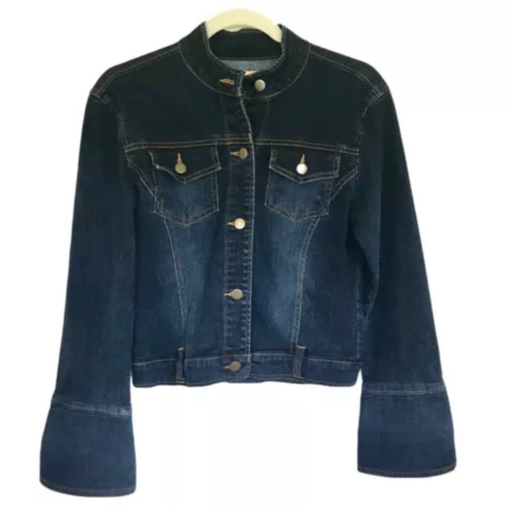 Anthropologie Tulle Denim Jacket Mandarin Collar